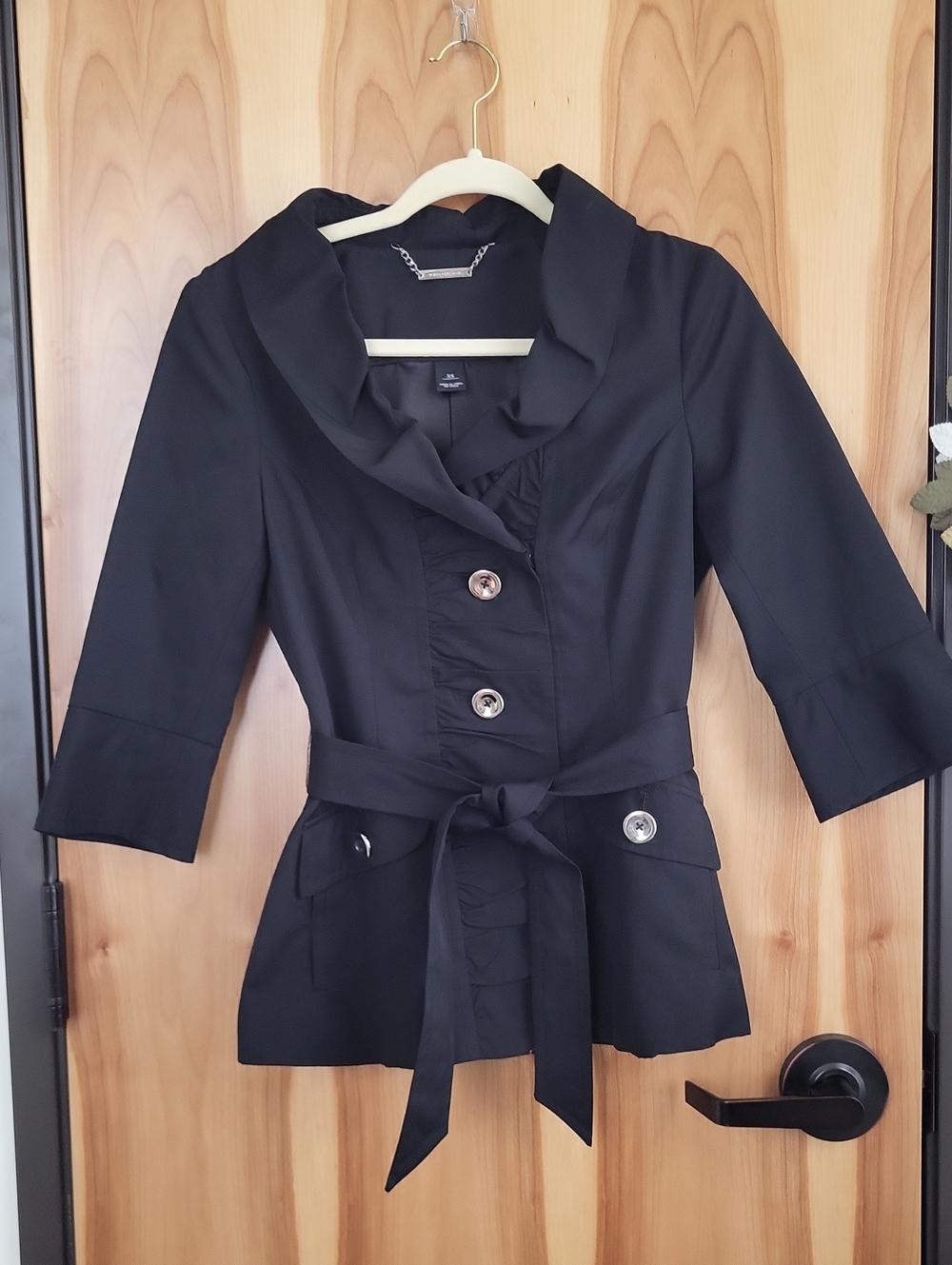 White House Black Market Black Belted Peplum Blazer with Ruffle Trim
